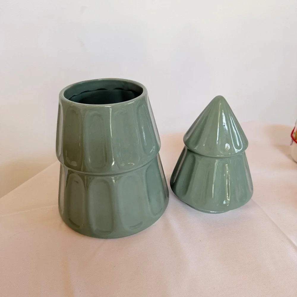 DesignPac Sage Green Ceramic Christmas Tree Cookie Jar Canister Holiday Decor